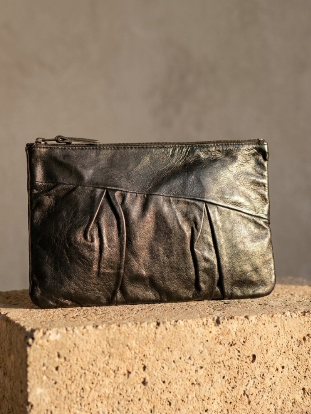 Vintage Black Leather Italy Minimalist Boho Wristlet Clutch